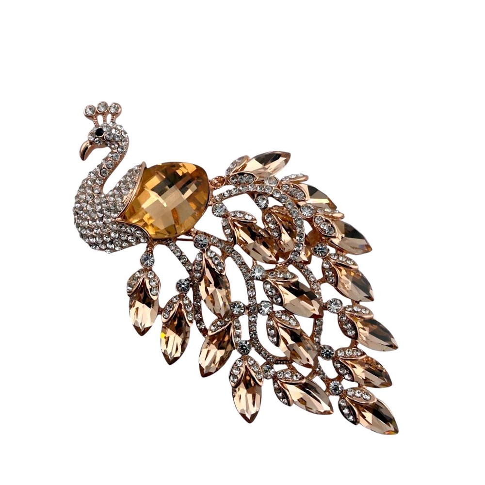Peacock Brooch Pendant Gold Tone Champagne Crystal Statement Bird Pin Glam